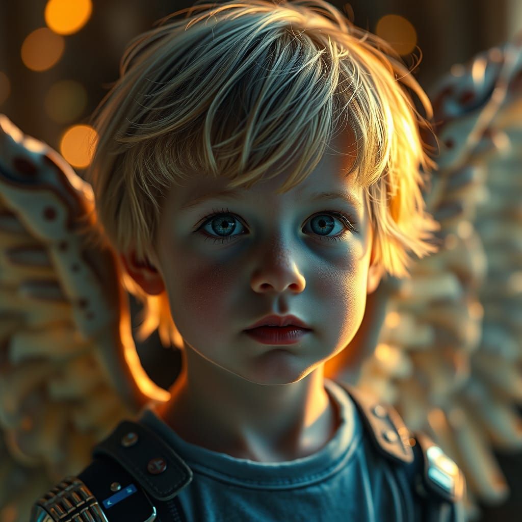 Cyborg Angel Child with Bioluminescent Aura