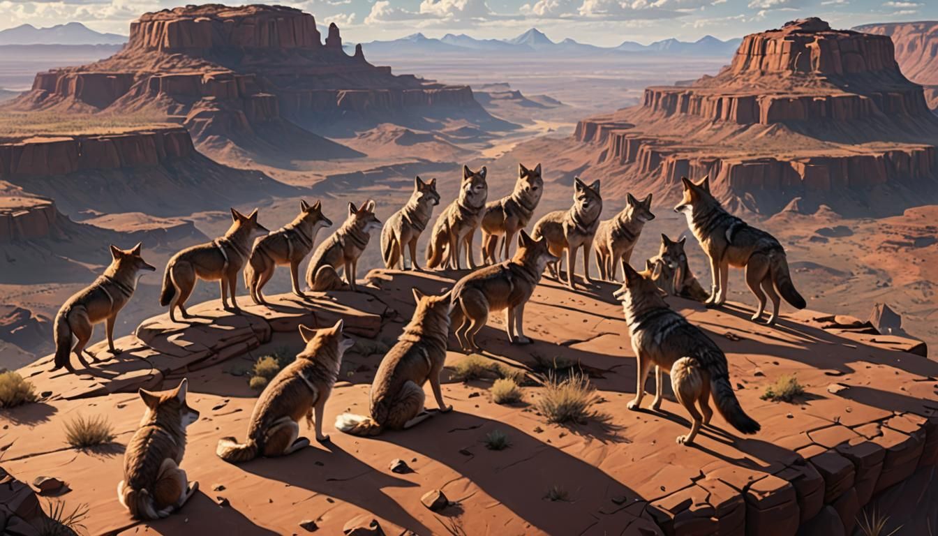 Coyotes Howling on Mesa: 3D Anime Art