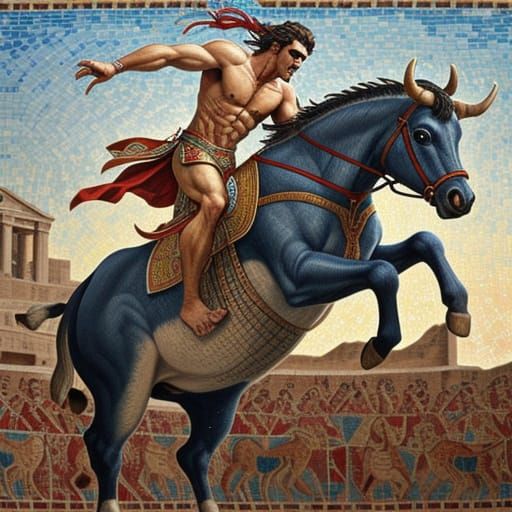 A classical Minoan mosaic of a gorgeous beefcake Minoan youth jumping over a bull.