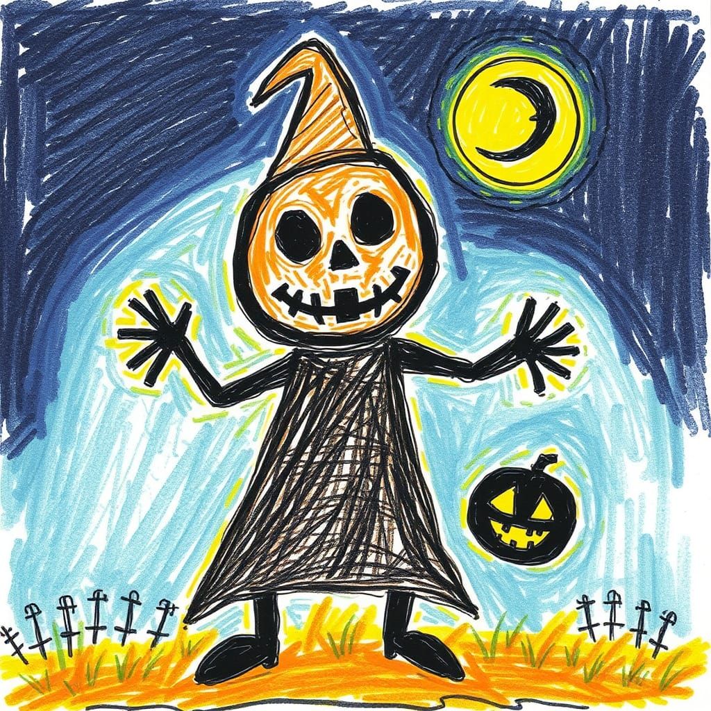Crude child-like drawing jack o lanerns Halloween night done in crayons
