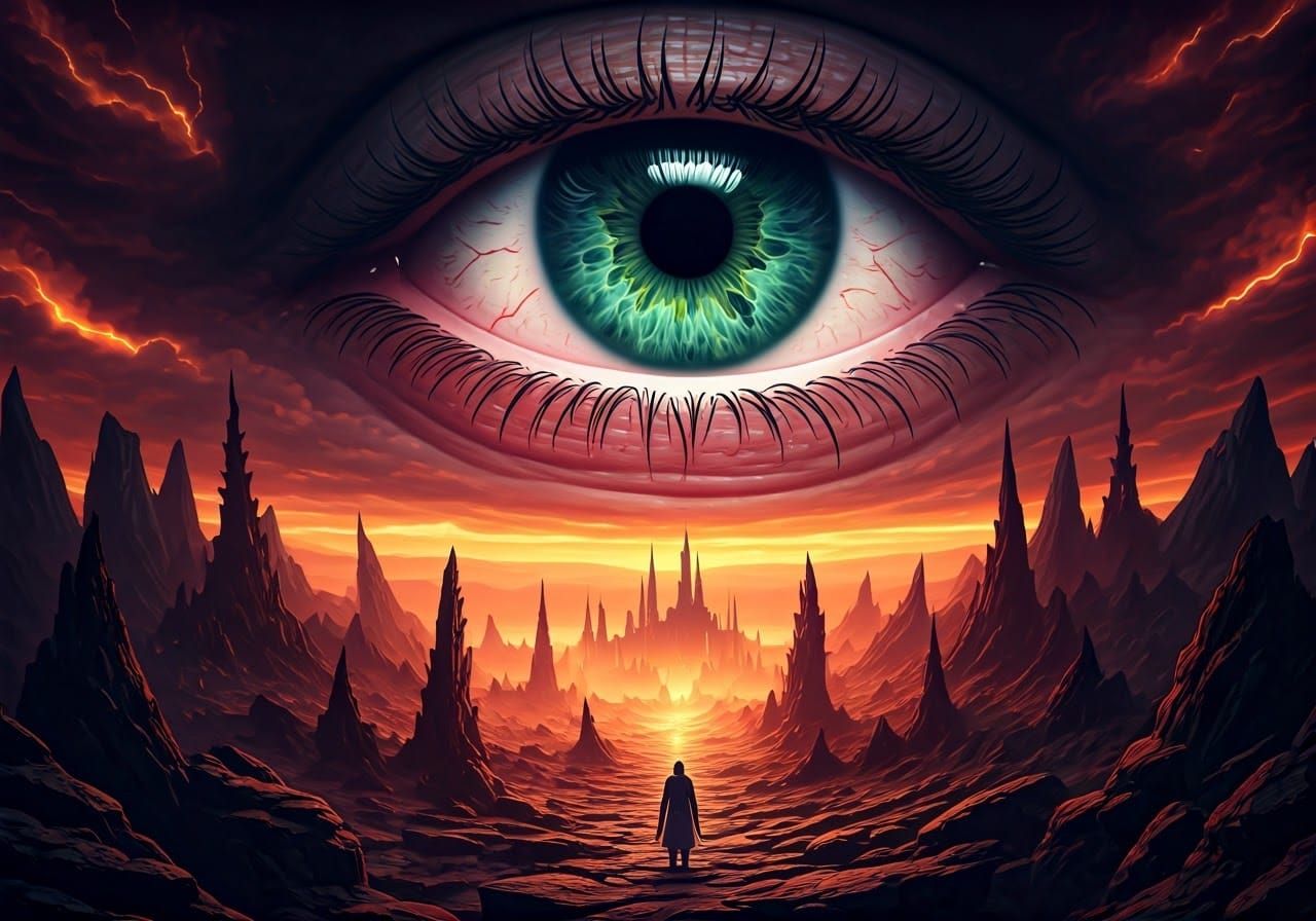 Colossal Eye in Dark Fantasy Landscape