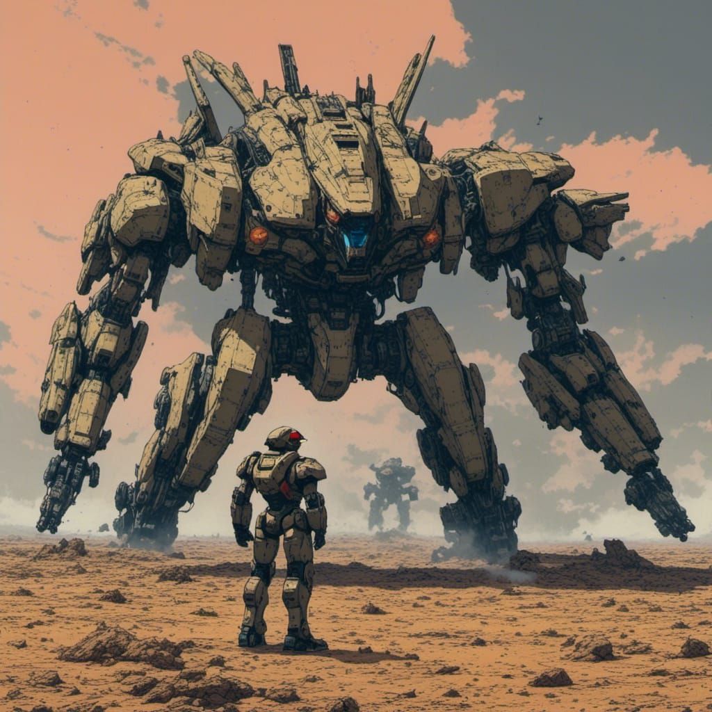 Humanoid Mecha Stands Proudly on Battleground