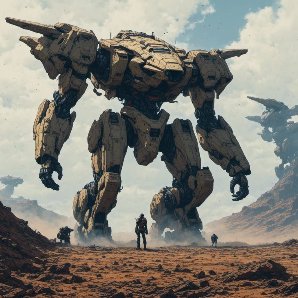 Humanoid Mecha Standing Proudly on Battlefield