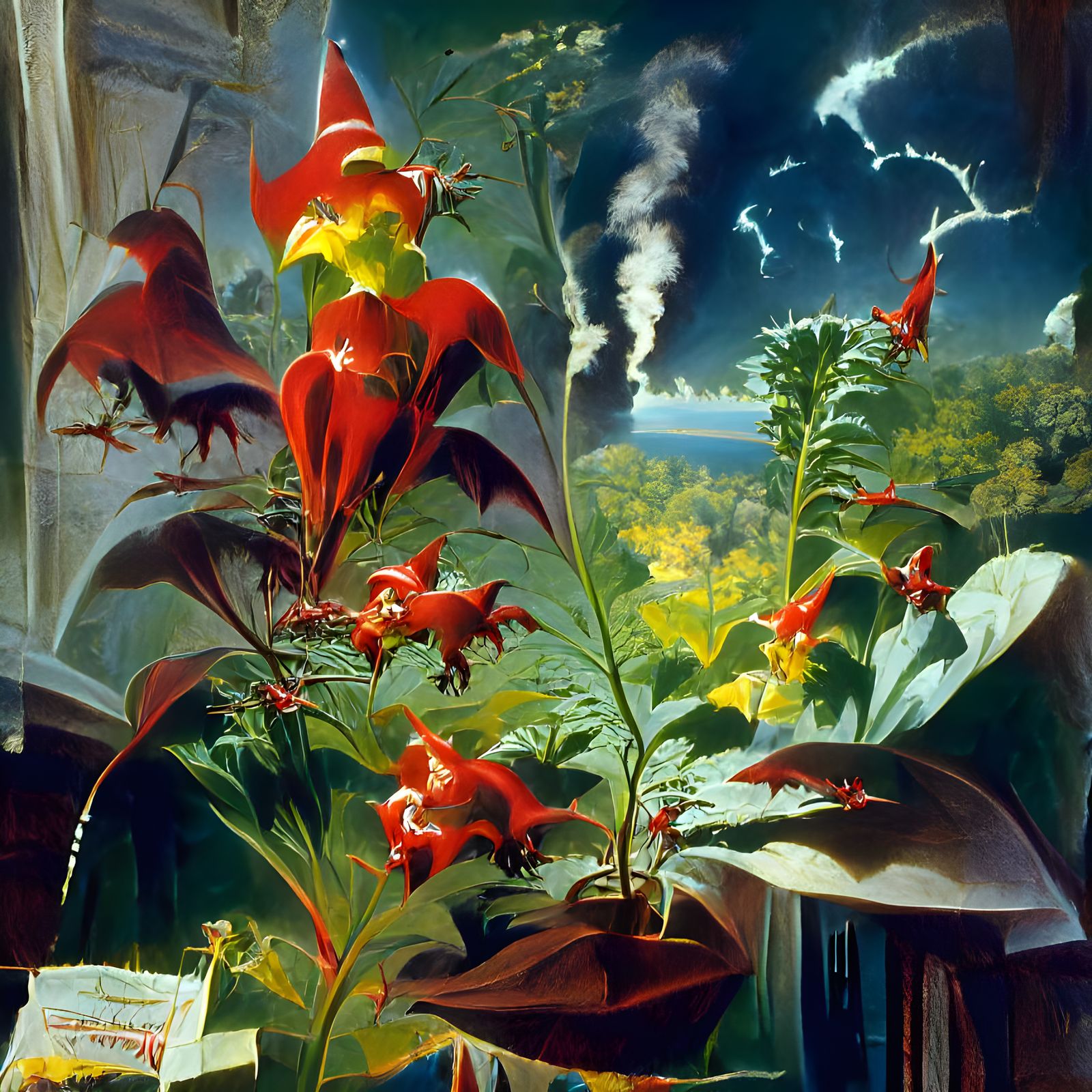 Psychedelic Impossible World with Cardinal Flowers