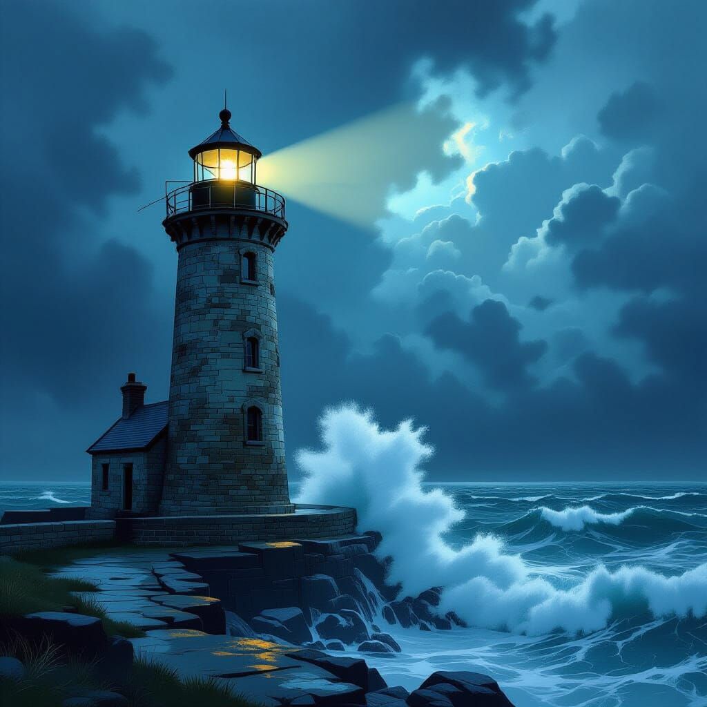 Stormy Twilight Lighthouse: Painterly Impression