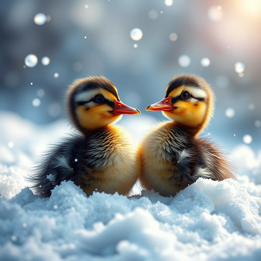Adorable Ducklings Covered in Snow: Hyperrealistic Art