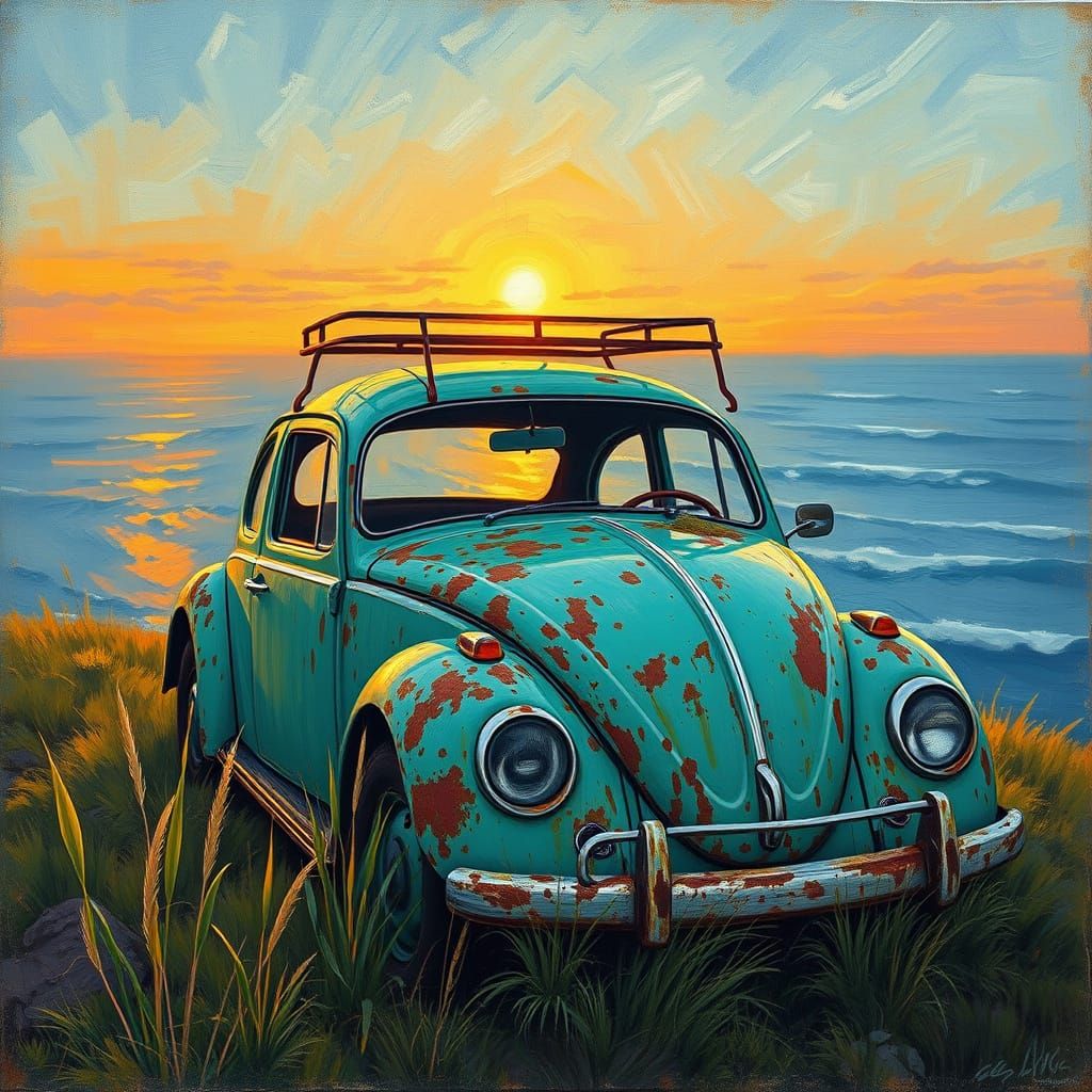 VW Beetle at Sunset: Neo-Impressionist Style