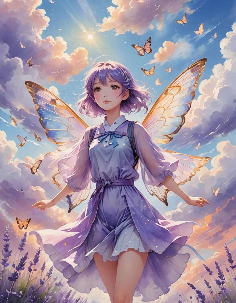 Anime Human Butterfly Soaring Through Clouds