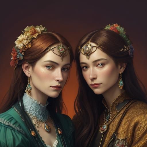 Cinematic Portrait of Two Women in Art Nouveau Style