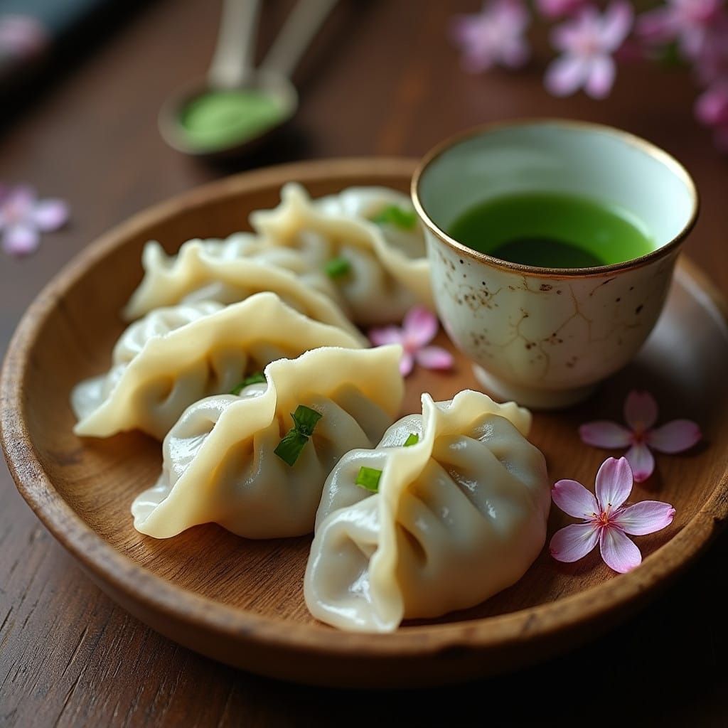 Traditional Japanese Dumplings and Matcha Tea in a Rustic Se...