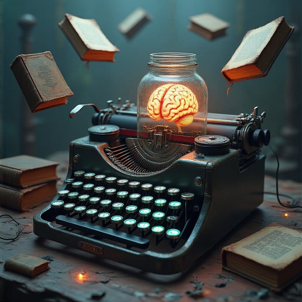 Surreal Typewriter with Eye Keys and Brain Connection