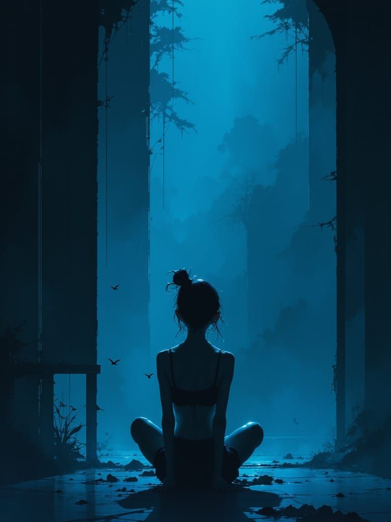 Person in Dimly Lit Room with Blue Nuances