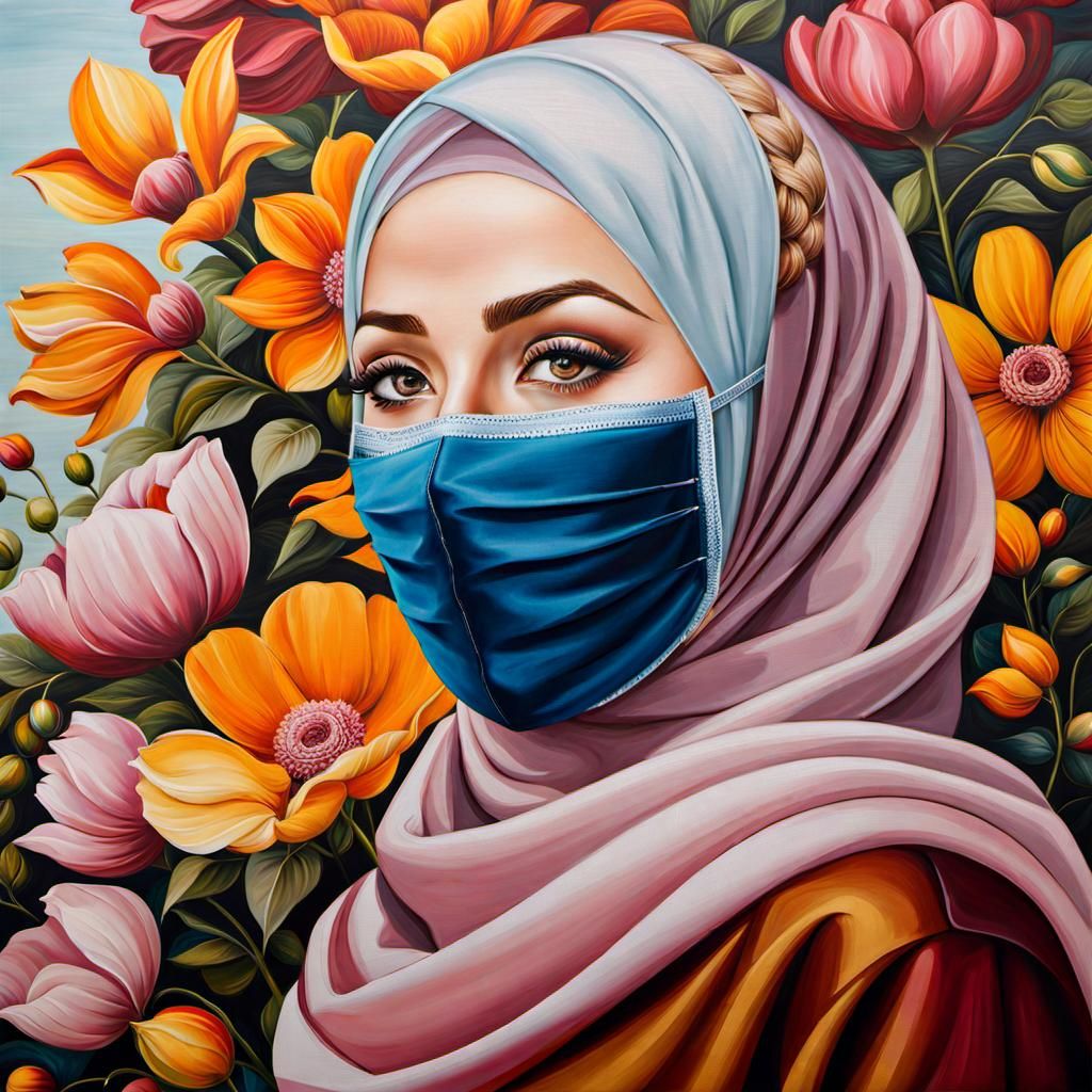 Beautiful Woman in Hijab and Mask, Oil Painting