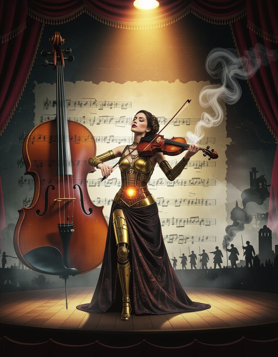 Steampunk Violin Double Exposure with Mechatron Dancer