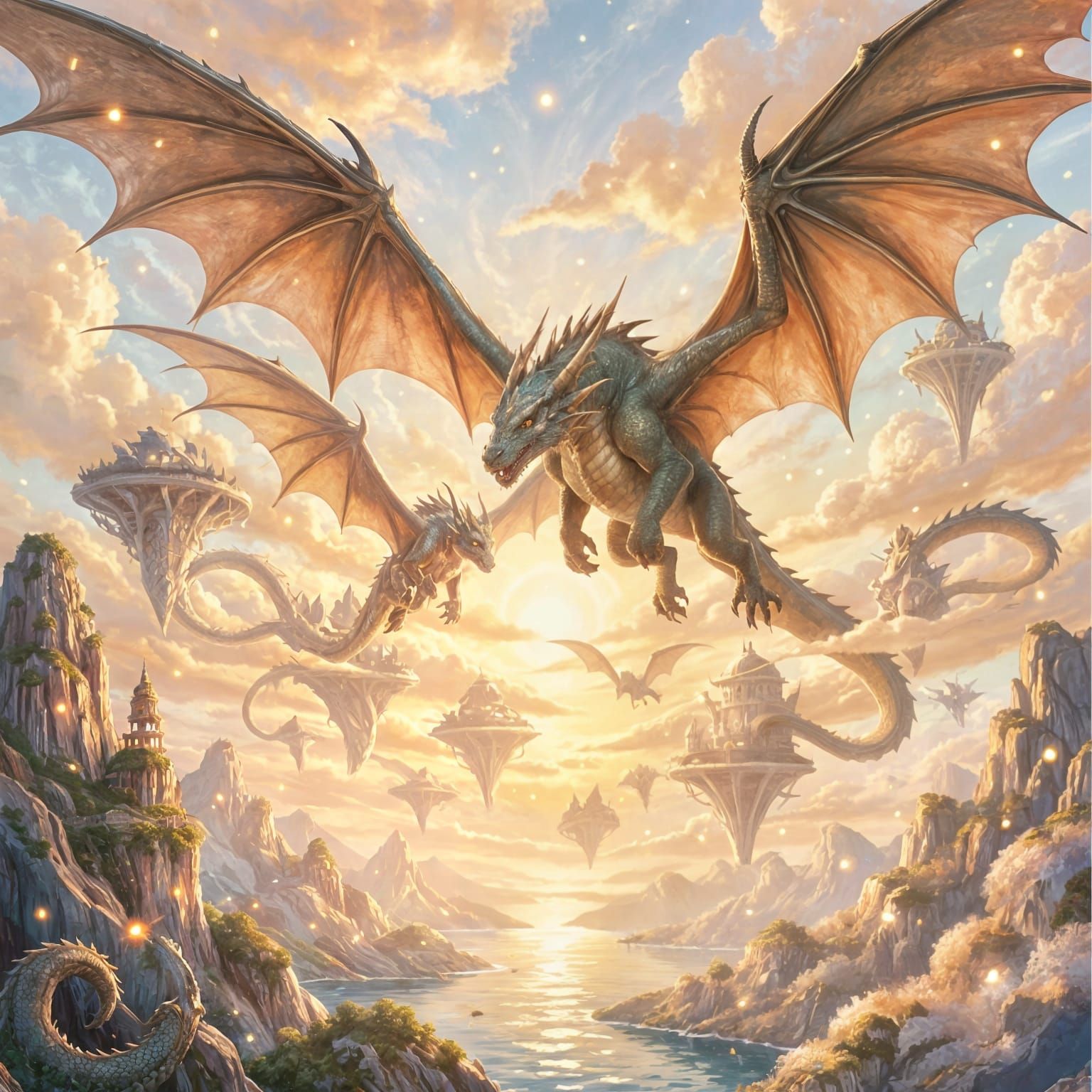 Dragons attacking, floating islands,