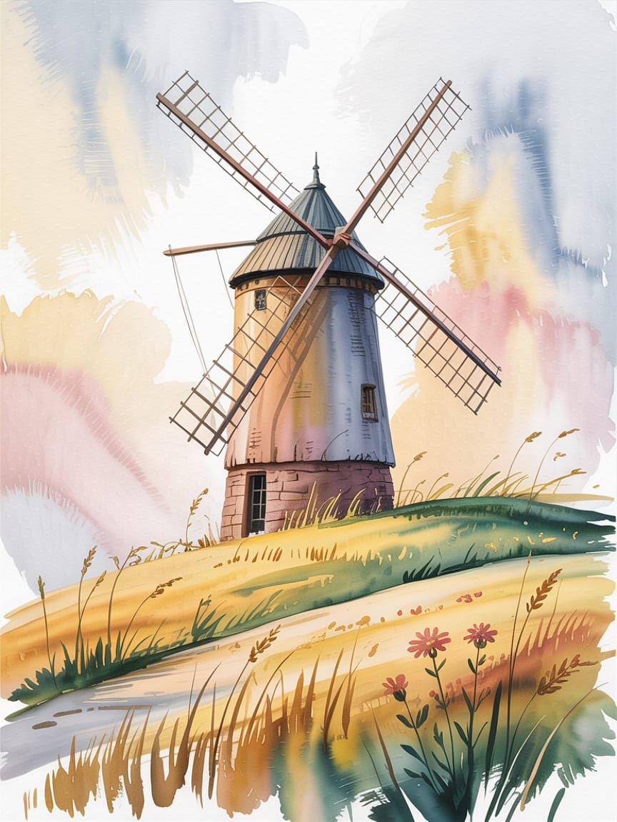 Windmill Watercolour Illustration in Golden Hour Light