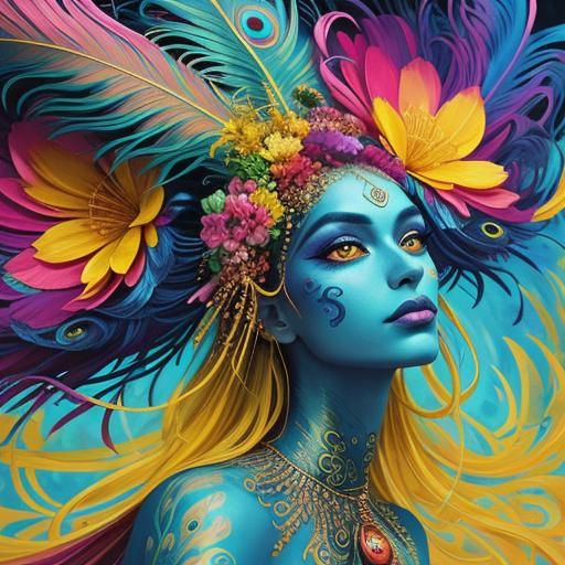 Abstract Dragon Peacock Woman in Neon Hues