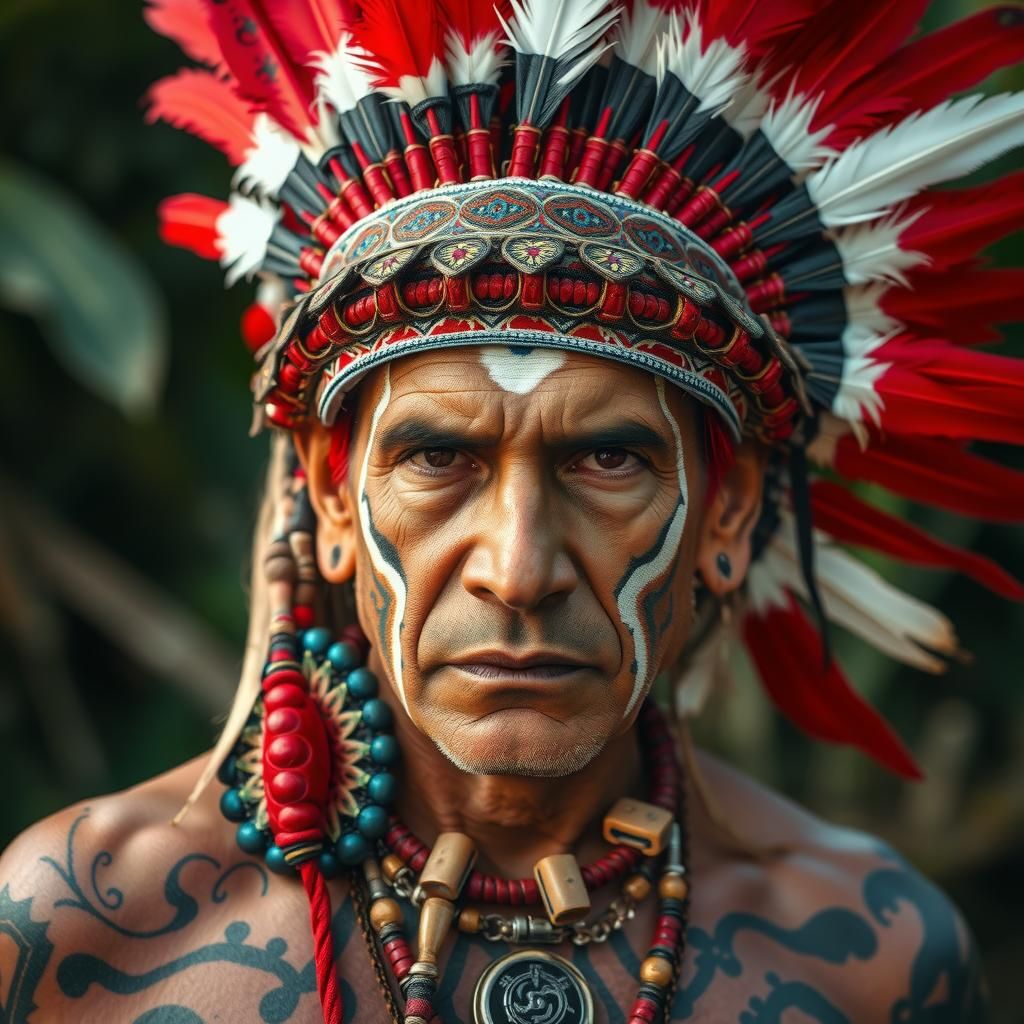 Brazilian Indigenous Warrior with Body Paint and Headdress