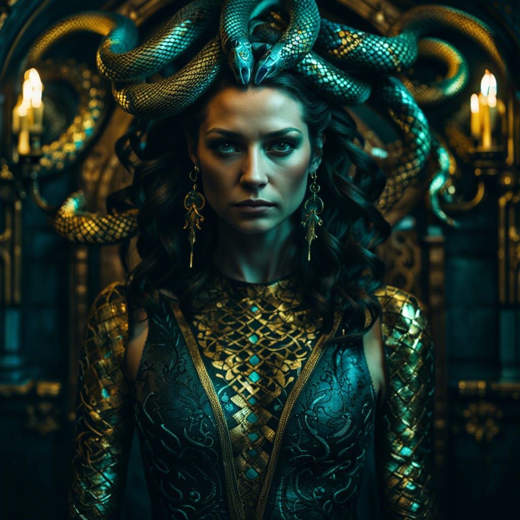 Medusa Portrait in Dark Dungeon, Photorealistic Style
