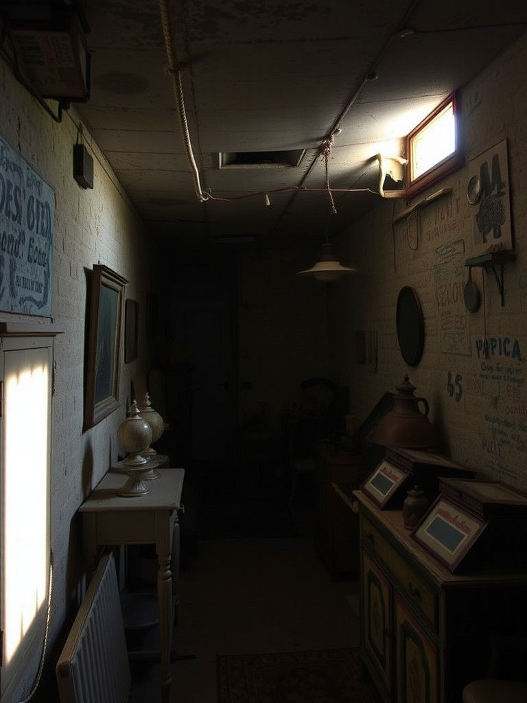 Vintage Antiques in Old Basement with Harsh Lighting