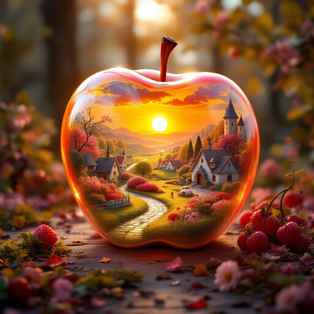 Whimsical Village Inside a Glowing Apple at Sunset