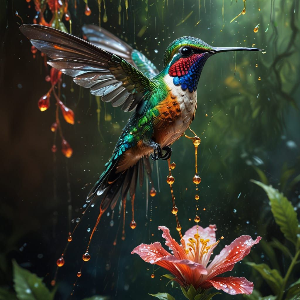 Vibrant Hummingbird in Thick, Glossy Paint Drips