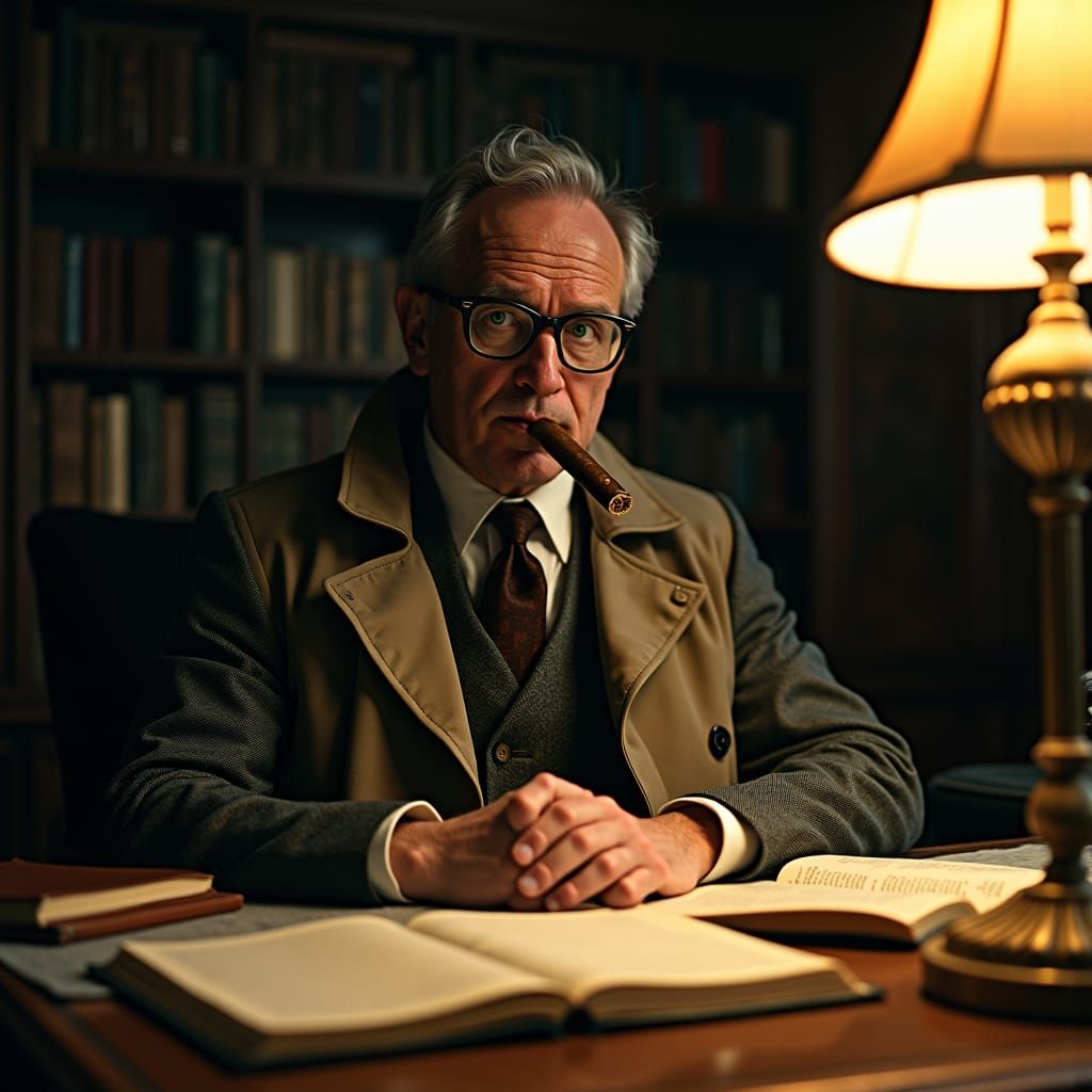 Contemplative Gentleman in Dimly Lit Study, Film Still