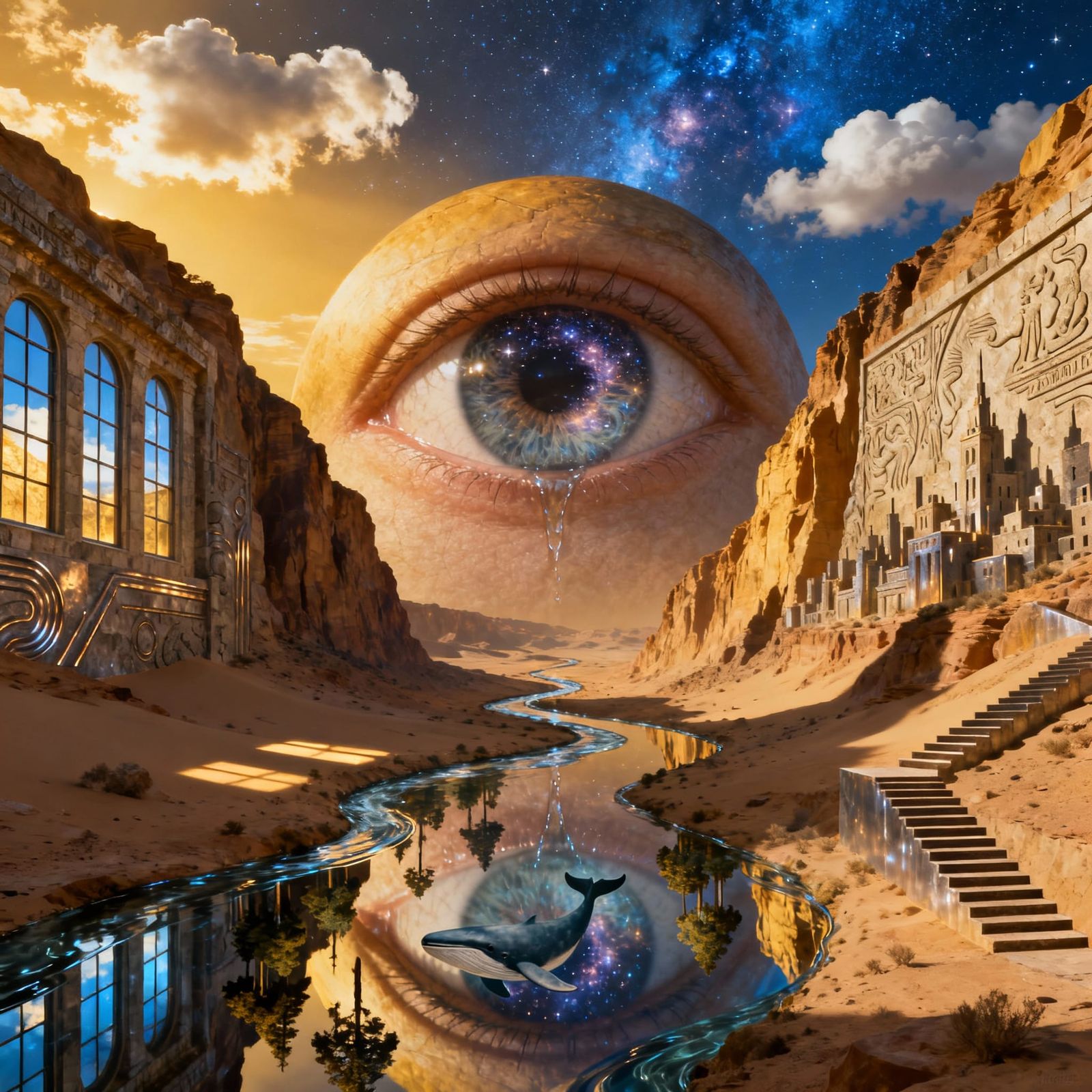 Colossal Eye in Desert Canyon: Galaxy Iris & Mirror River