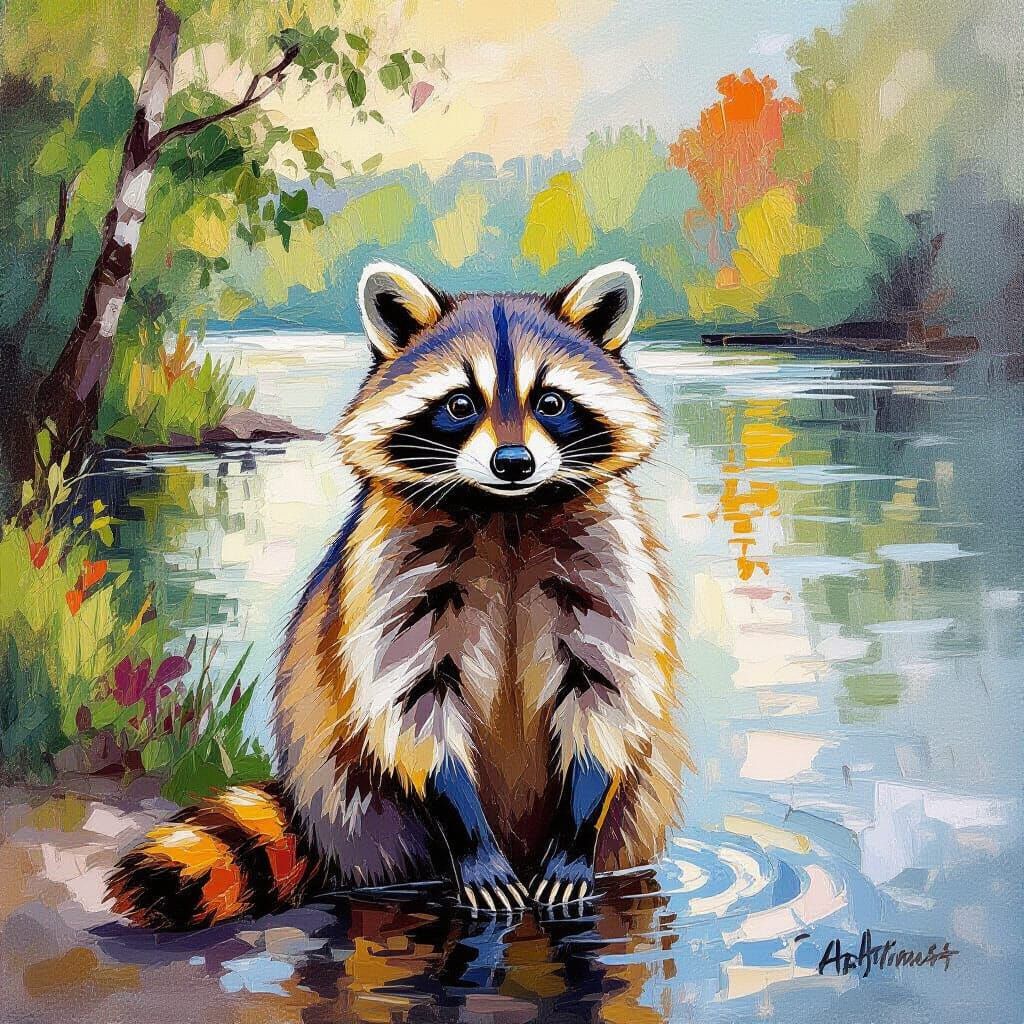 Raccoon by River in Watercolor and Oil Painting Style
