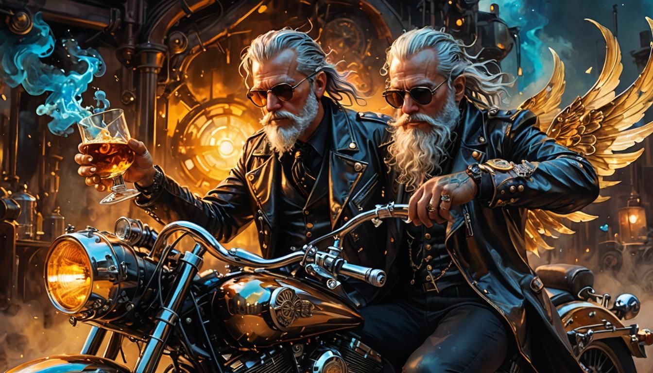 Fairy Godfather on Steampunk Harley in Surrealist Style