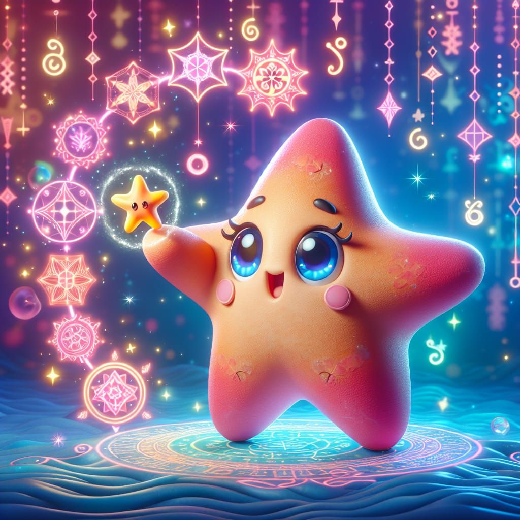 Disney Pixar style 3D adorable cute anthropomorphic starfish with elemental magic, magical background