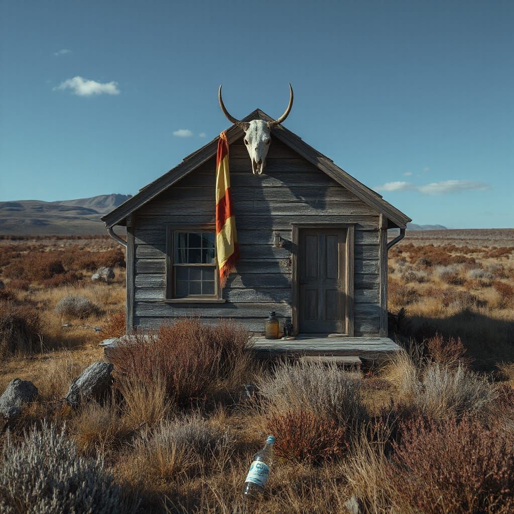 Desolate House with Skull, Atmospheric Digital Art
