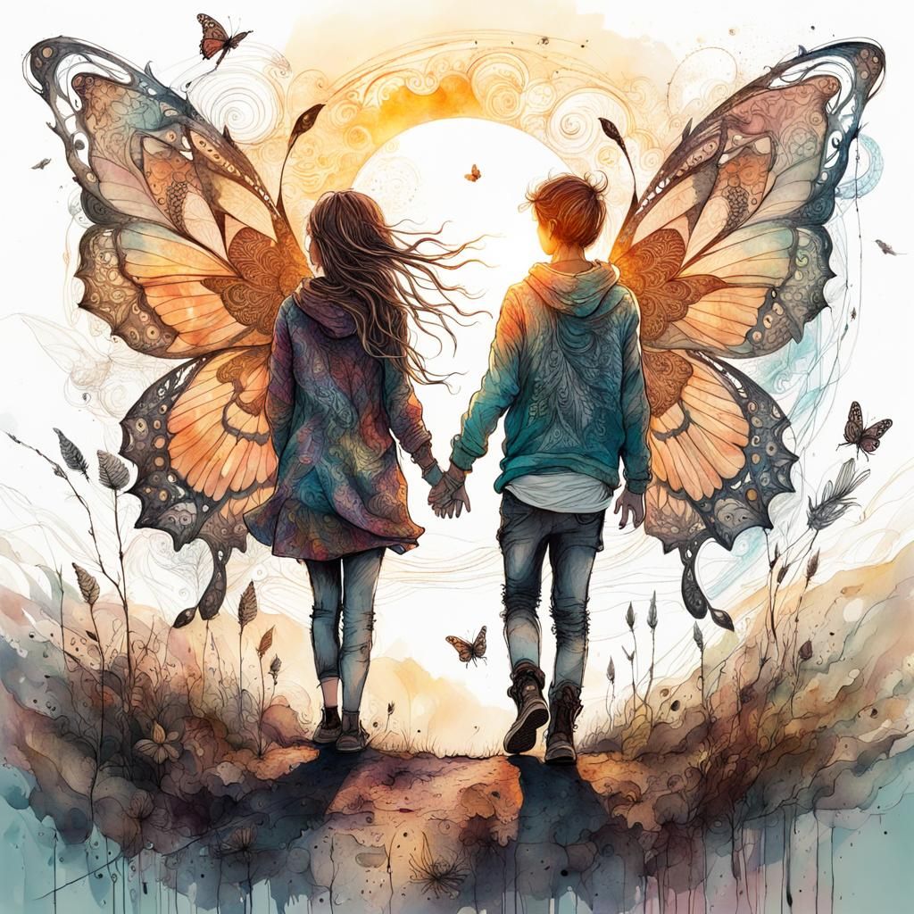 Children and Butterfly in Zentangle Fantasy Landscape