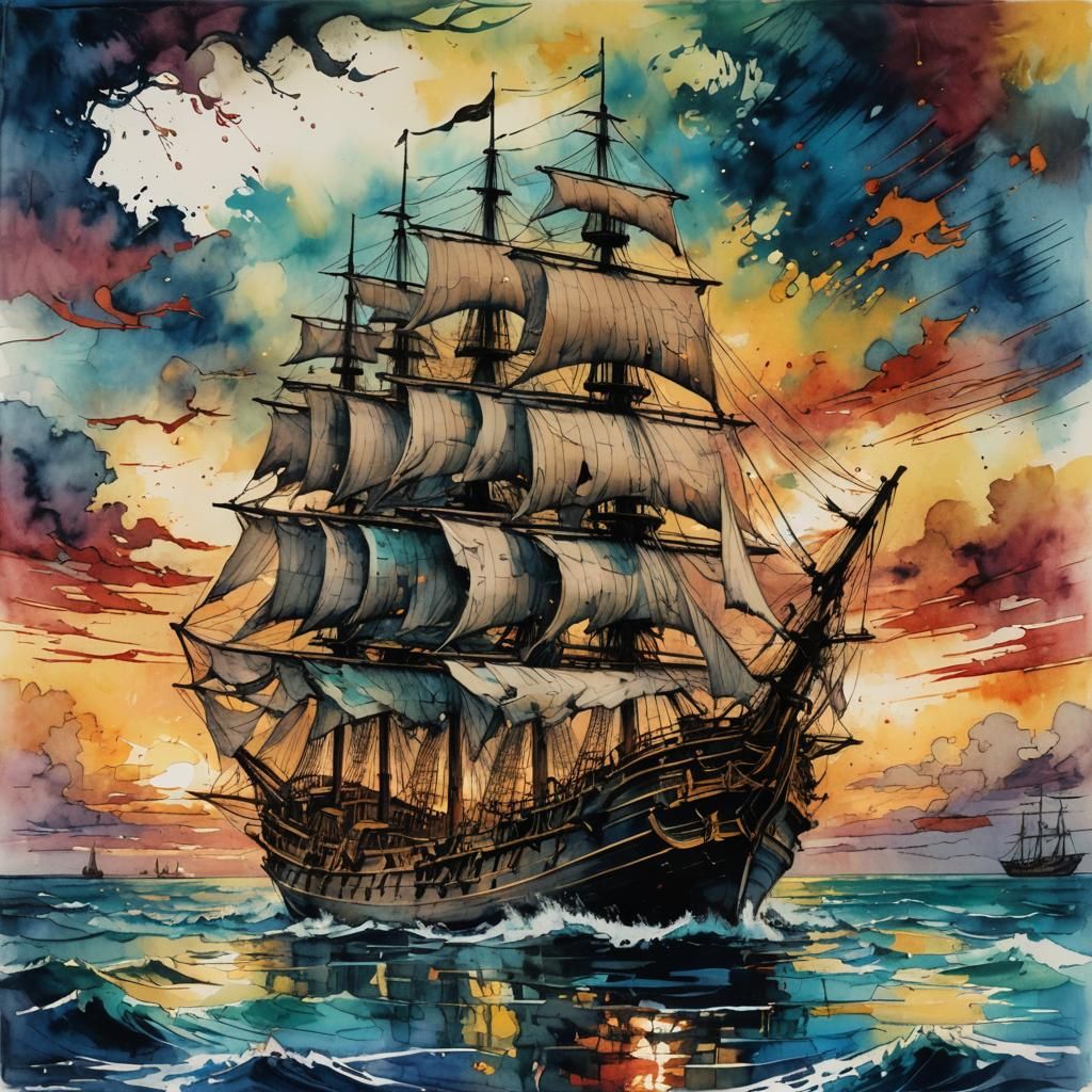 Sailing Ship at Sunset in Sumi-e Style