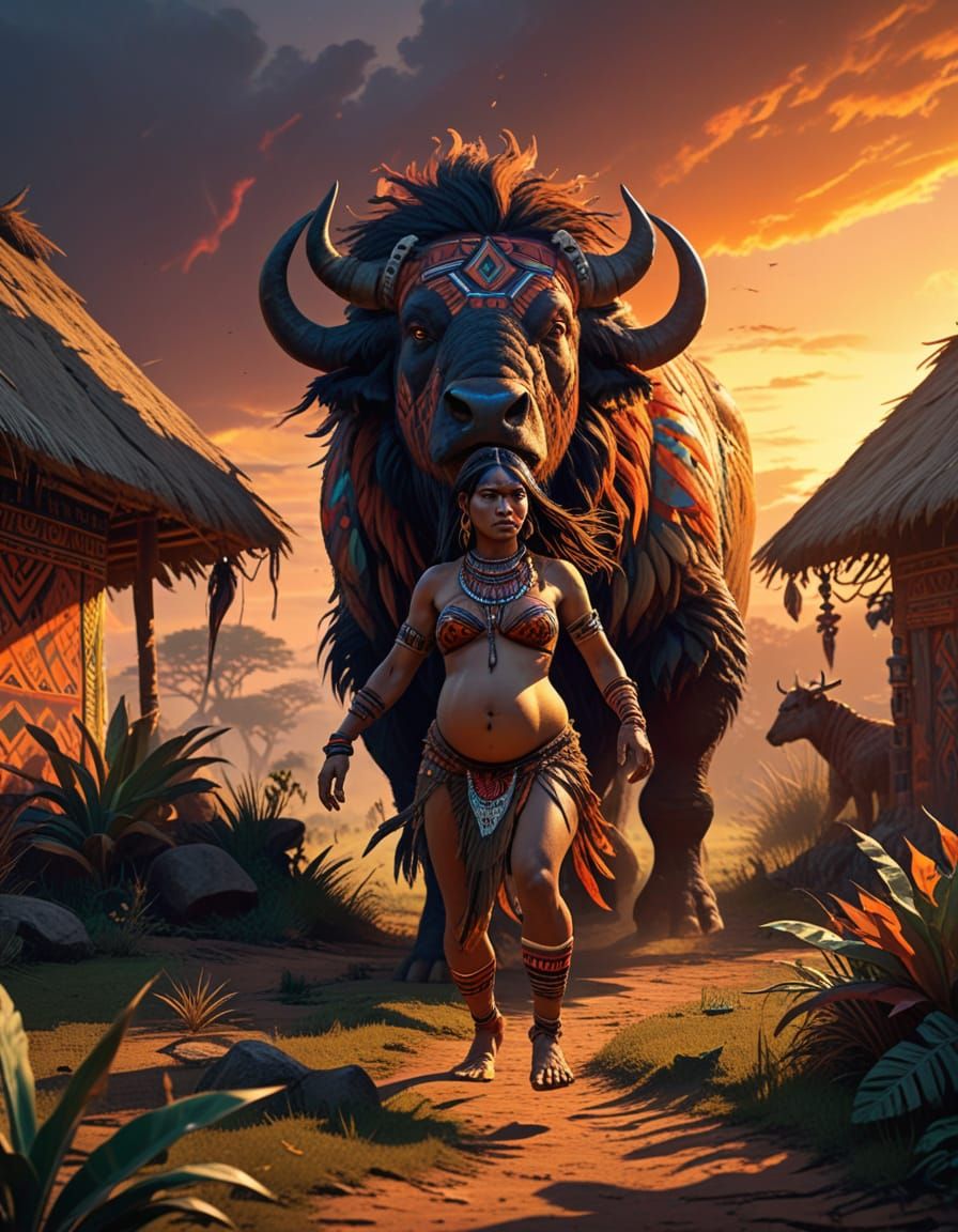 Fearless Tribal Warrior Woman Confronts the Beast