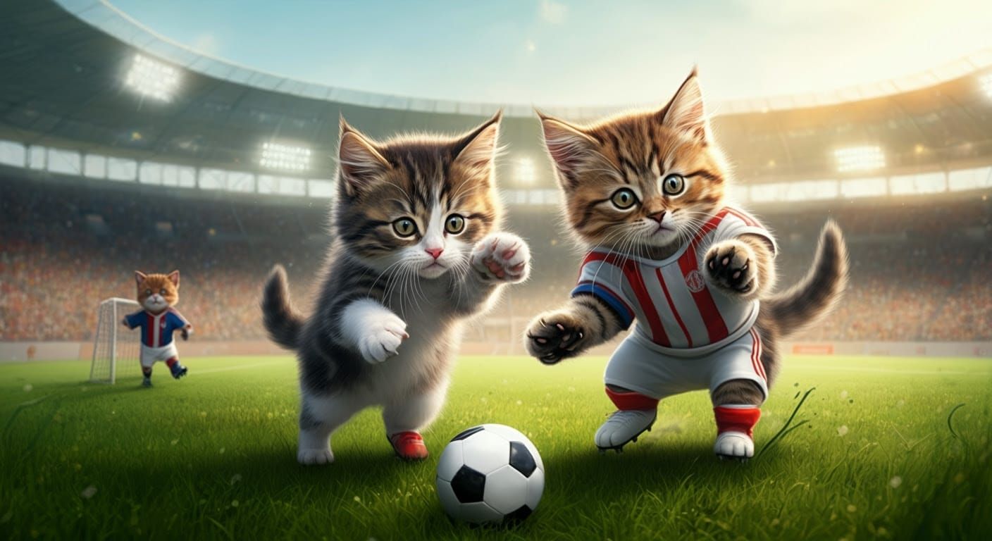 Whimsical Kittens Play Soccer in a Vibrant Stadium