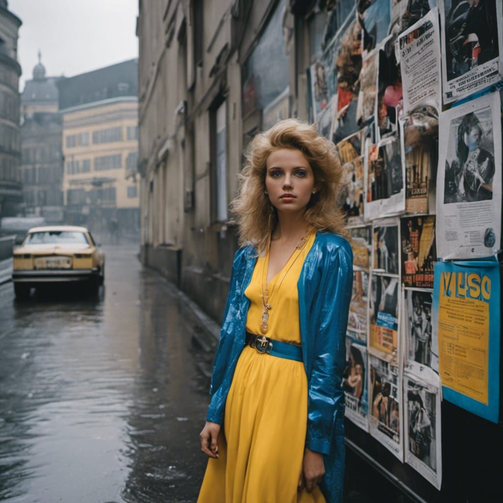 1980s Girl in Berlin on Rainy Street