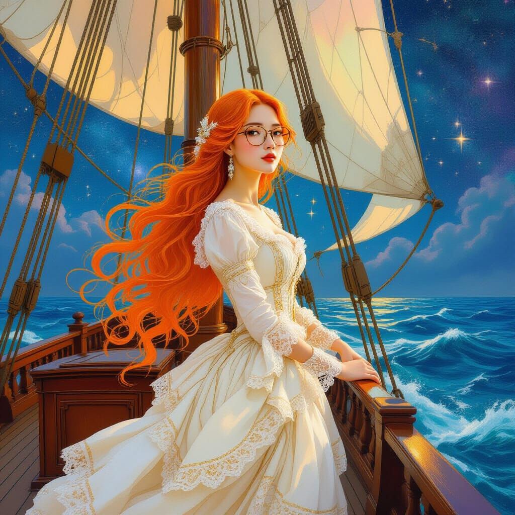 Asian Woman on Cosmic Galleon in Art Nouveau Style