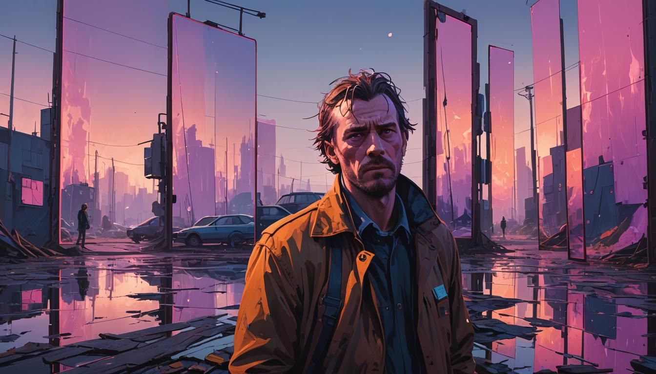 Man Looks at Reflections With Different Expressions