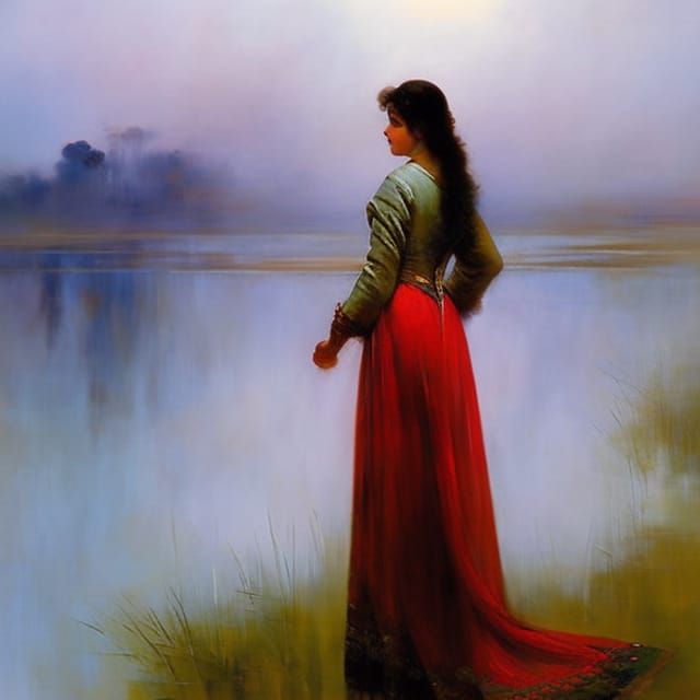 Woman by Lake at Dawn: Oil Painting