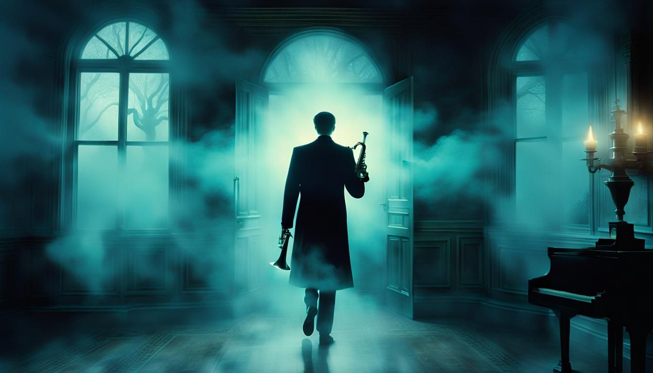 Ghostly Trumpeter Emerges in Surreal Mansion Scene