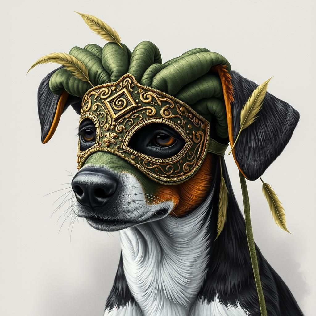 A jack russell dog wearing a fancy tufted olive mask