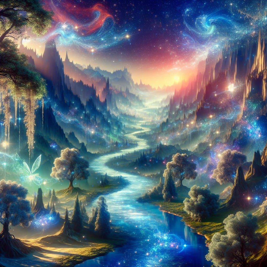 Fantastical Stardust River Flowing Through Crystal Valley