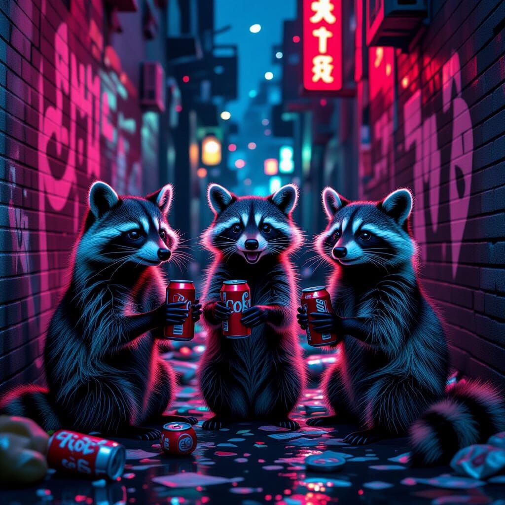 Raccoon Party in Alleyway in Futuristic Noir Style