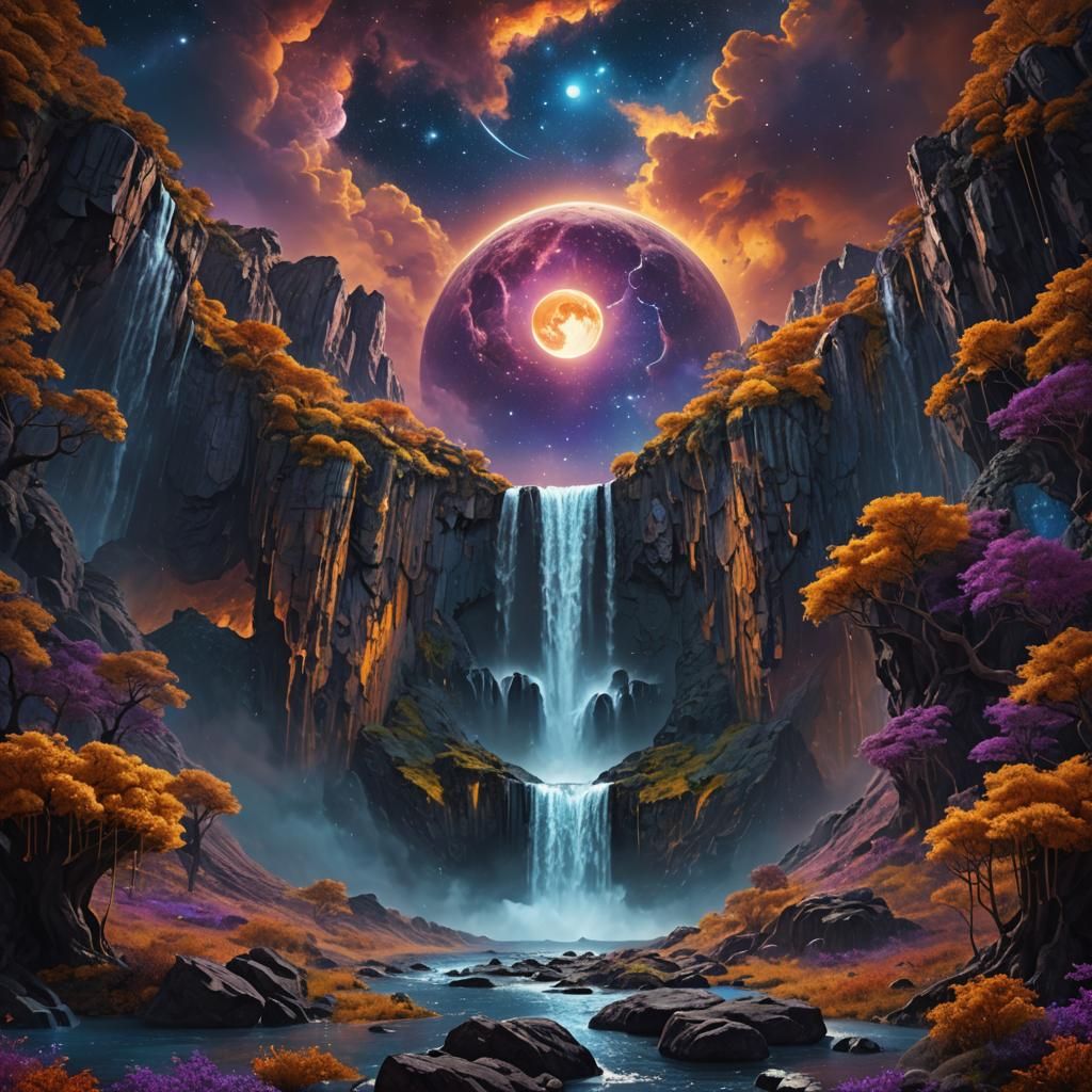 Cosmic Waterfall Meets Moon in Universe