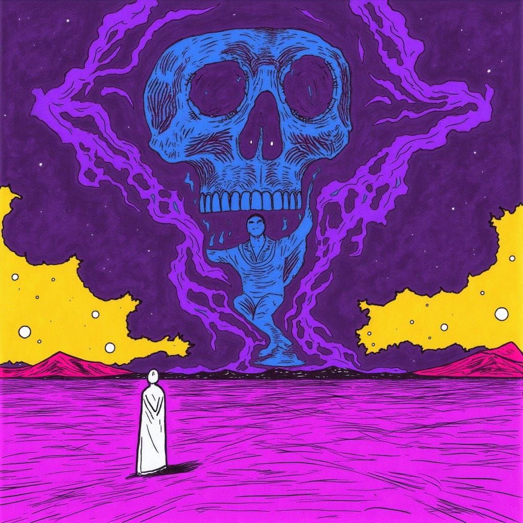 Galaxy Storm Over Ultraviolet Wasteland in Minimalist Style