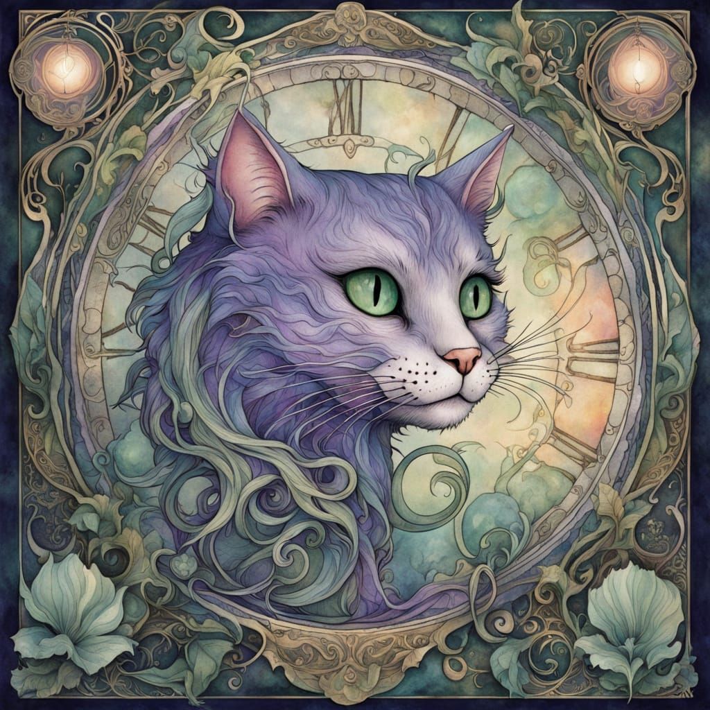 Ethereal Art Nouveau Watercolor of the Cheshire Cat