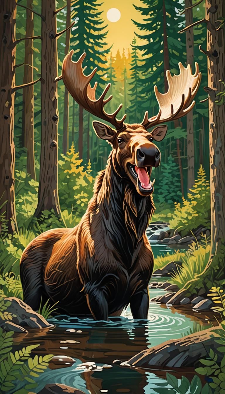 Laughing Moose Farting on Beaver: Whimsical Illustration