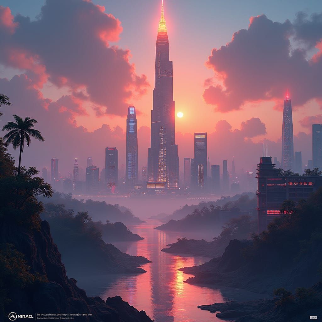 Luminous Cityscape at Dusk in Cyberpunk Art Deco Style