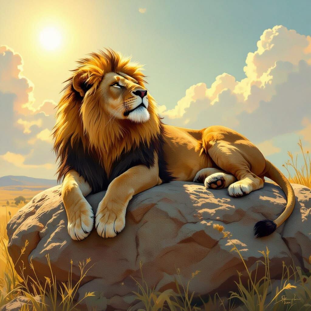 Lion Sunbathing on Rock Art, Summer Day